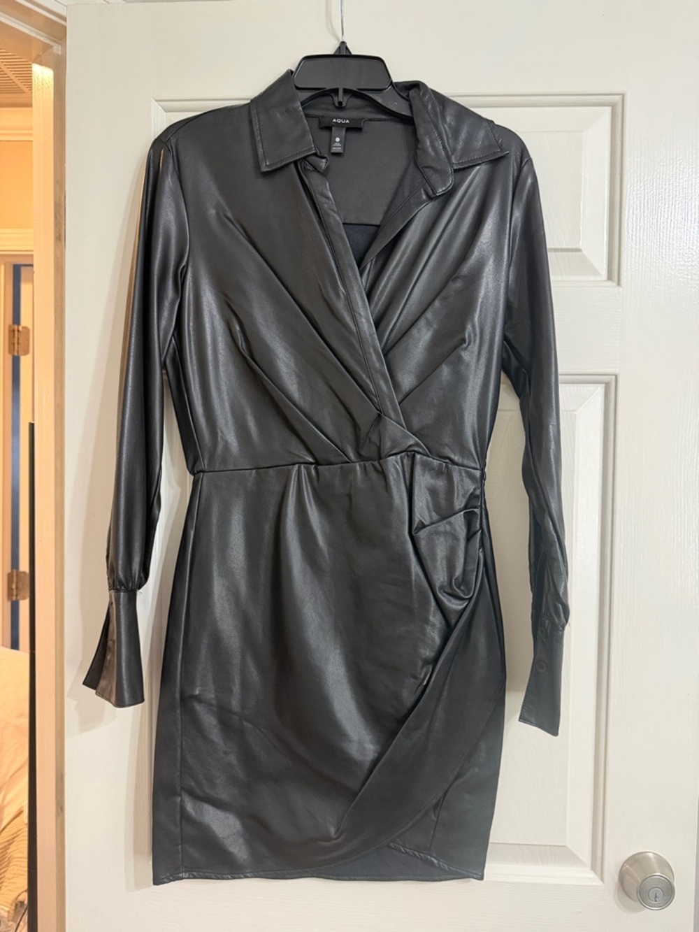 AQUA Faux Leather Wrap Dress in Black
